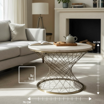 Şimşek 76 cm Traverten Renkli Bronz Eskitme Metal Ayaklı Orta Sehpa, Yuvarlak Modern Salon Sehpası