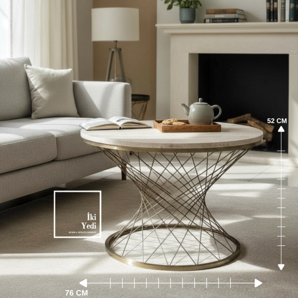 Şimşek 76 cm Traverten Renkli Bronz Eskitme Metal Ayaklı Orta Sehpa, Yuvarlak Modern Salon Sehpası