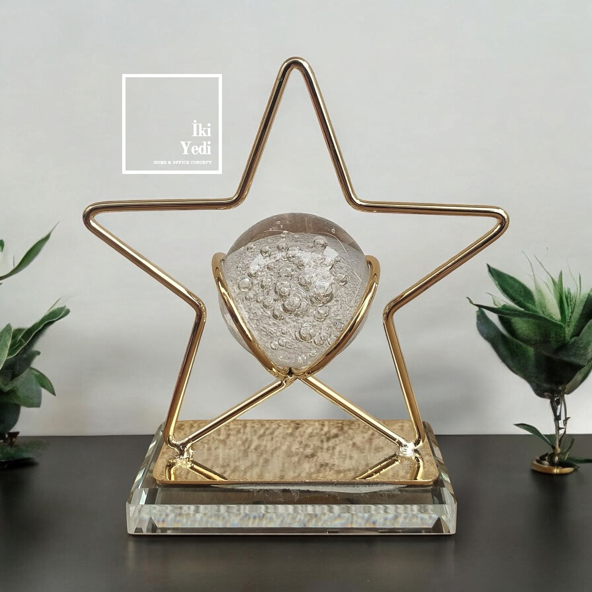 Starovski Yıldız Figürlü Cam Küre Obje, Gold Metal Dekoratif Aksesuar, Ev Ofis Hediyelik Süs