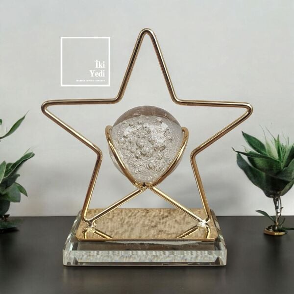 Starovski Yıldız Figürlü Cam Küre Obje, Gold Metal Dekoratif Aksesuar, Ev Ofis Hediyelik Süs