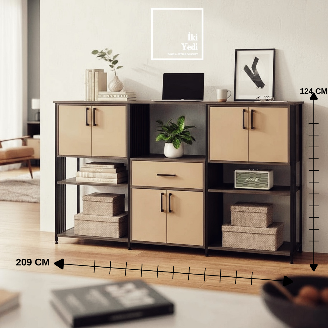 Palermo 209 cm Metal Ayaklı Çok Amaçlı Konsol, Ofis Dolabı, Kitaplık ve Depolama Ünitesi Tv Ünitesi