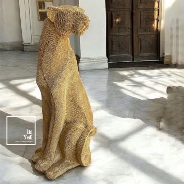 Nikita 66 cm Oturan Taşlı Uzun Çita Gold Siyah Heykel Obje Dekor Figür Büyük Biblo