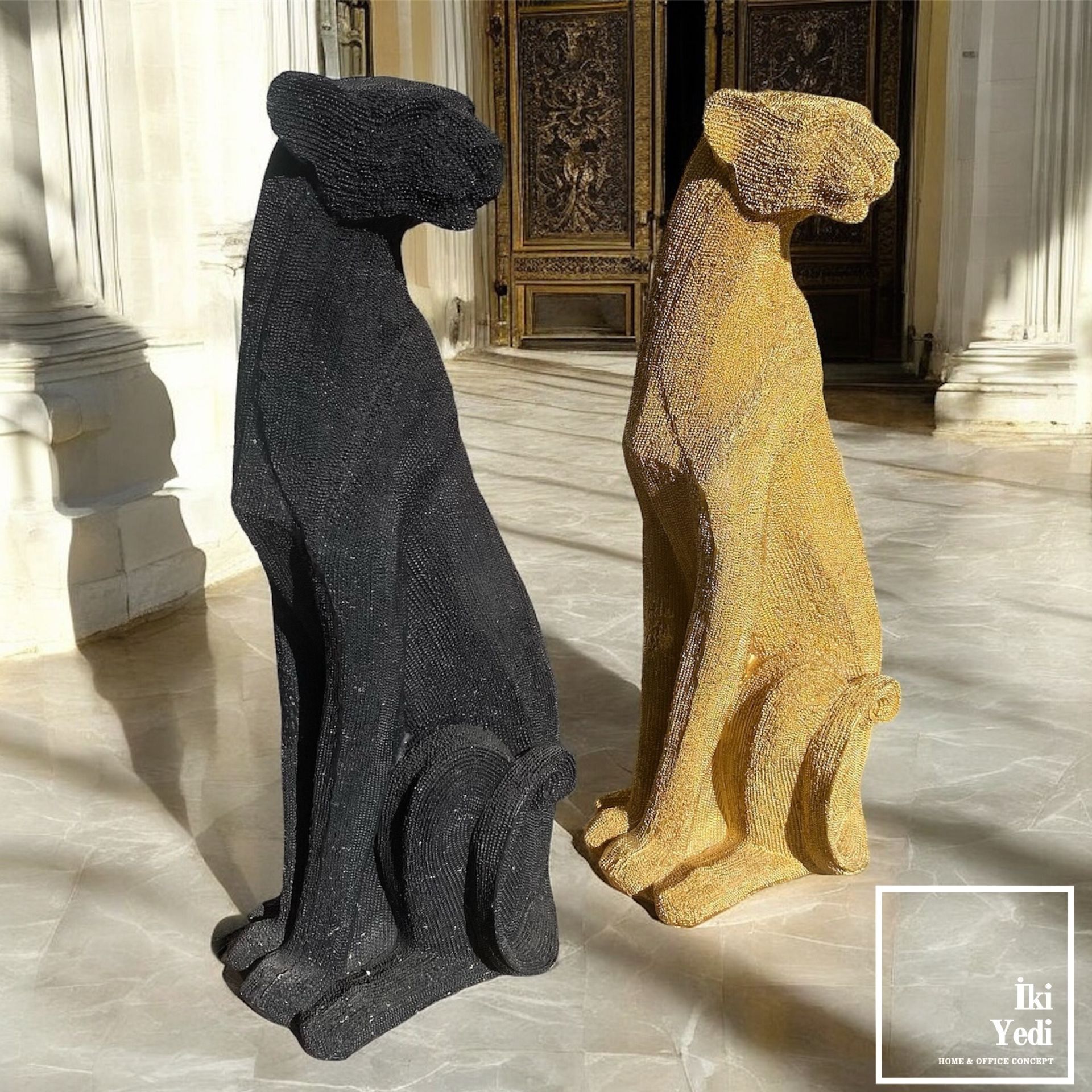 Nikita 66 cm Oturan Taşlı Uzun Çita Gold Siyah Heykel Obje Dekor Figür Büyük Biblo
