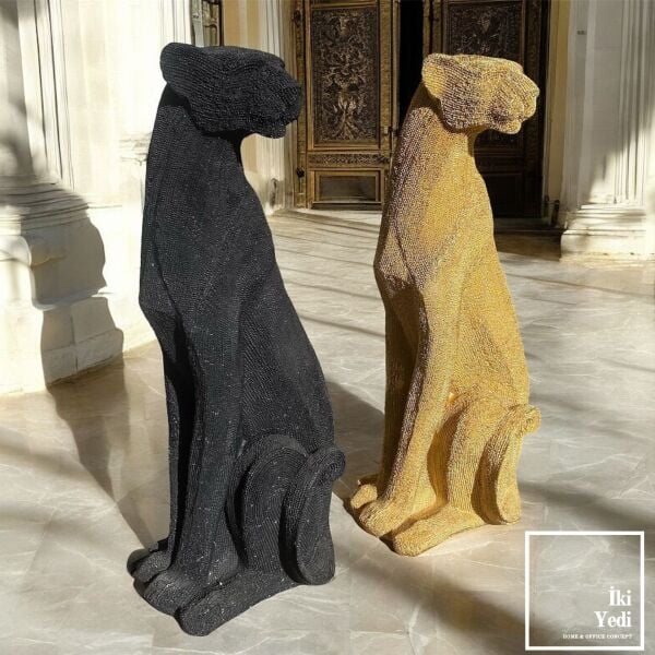 Nikita 66 cm Oturan Taşlı Uzun Çita Gold Siyah Heykel Obje Dekor Figür Büyük Biblo