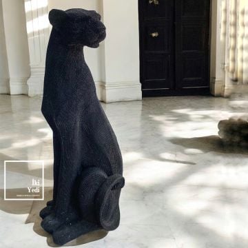 Nikita 66 cm Oturan Taşlı Uzun Çita Gold Siyah Heykel Obje Dekor Figür Büyük Biblo