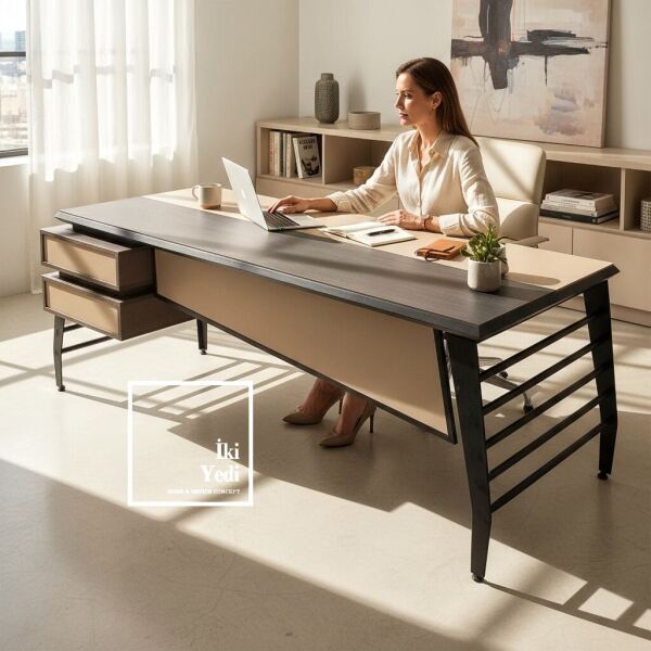 Palermo 230 cm Metal Ayaklı Yönetici Makam Ofis Masası Modern Çalışma Masası VIP Lüks Büro Mobilya