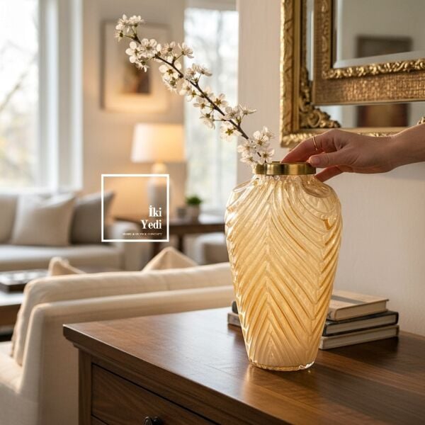 Jonathan Amber Mührü Cam Vazo Dekoratif Şık Vazo Salon Konsol Masa Üstü Ev Ofis Dekoru El İşçiliği