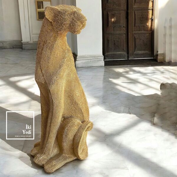 Nikita 66 cm Oturan Taşlı Uzun Çita Gold Siyah Heykel Obje Dekor Figür Büyük Biblo Siyah