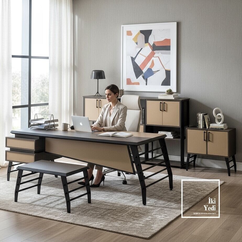 Palermo Yönetici Ofis Takımı 230 cm Metal Ayaklı Masa, Konsol ve Dolap Seti, Modern Ofis Mobilyası