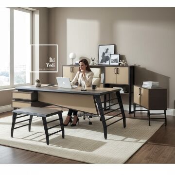 Palermo Yönetici Ofis Takımı 230 cm Metal Ayaklı Masa, Konsol ve Dolap Seti, Modern Ofis Mobilyası