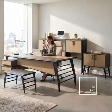 Palermo Yönetici Ofis Takımı 230 cm Metal Ayaklı Masa, Konsol ve Dolap Seti, Modern Ofis Mobilyası