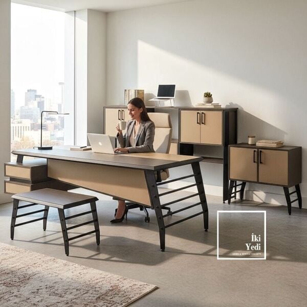 Palermo Yönetici Ofis Takımı 230 cm Metal Ayaklı Masa, Konsol ve Dolap Seti, Modern Ofis Mobilyası