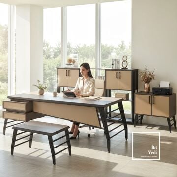 Palermo Yönetici Ofis Takımı 230 cm Metal Ayaklı Masa, Konsol ve Dolap Seti, Modern Ofis Mobilyası