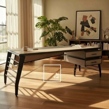 Palermo Yönetici Ofis Takımı 230 cm Metal Ayaklı Masa, Konsol ve Dolap Seti, Modern Ofis Mobilyası