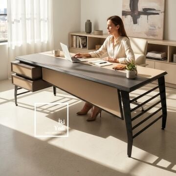 Palermo Yönetici Ofis Takımı 230 cm Metal Ayaklı Masa, Konsol ve Dolap Seti, Modern Ofis Mobilyası