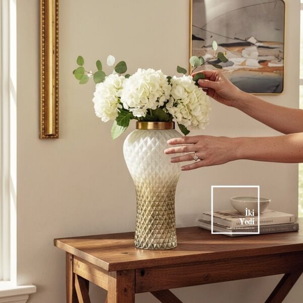 Biafra Karo Desenli Cam Vazo Dekoratif Şık Vazo Salon Konsol Masa Üstü Ev Ofis Dekoru El İşçiliği