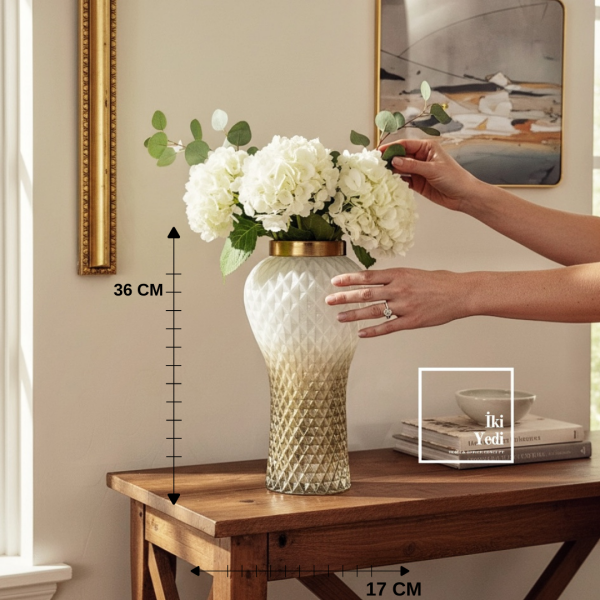 Biafra Karo Desenli Cam Vazo Dekoratif Şık Vazo Salon Konsol Masa Üstü Ev Ofis Dekoru El İşçiliği