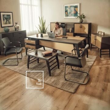 Palermo Yönetici Ofis Takımı 230 cm Metal Ayaklı Modern Ofis Mobilyası Ergonomik Ofis Koltukları