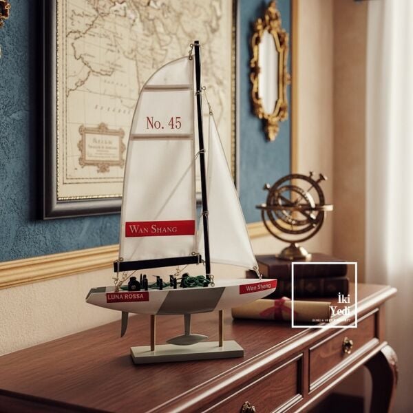 Quero Yelkenli Gemi Maketi 40 cm Küçük Yarış Teknesi Mavi Beyaz Dekoratif Deniz Racing Boat Hediye