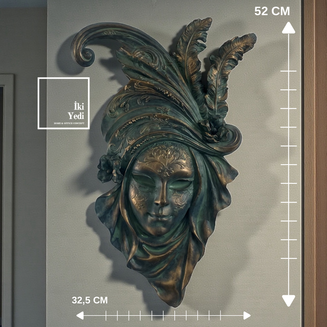 Bogue 52 cm Antik Yeşil Kadın Mask Rölyef Duvar Dekoru Lüks Heykel Form Duvar Obje Venedik Maskesi