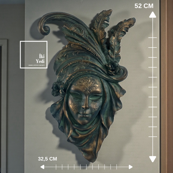 Bogue 52 cm Antik Yeşil Kadın Mask Rölyef Duvar Dekoru Lüks Heykel Form Duvar Obje Venedik Maskesi
