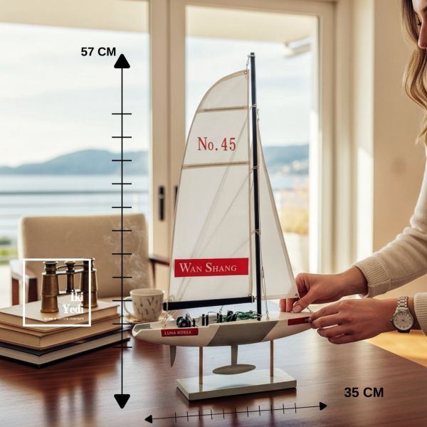 Quero Yelkenli Gemi Maketi 57 cm Kırmızı Mavi Yarış Teknesi Dekoratif Denizcilik Hediye Racing Boat