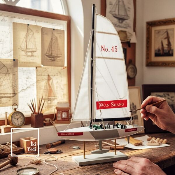 Quero Yelkenli Gemi Maketi 57 cm Kırmızı Mavi Yarış Teknesi Dekoratif Denizcilik Hediye Racing Boat