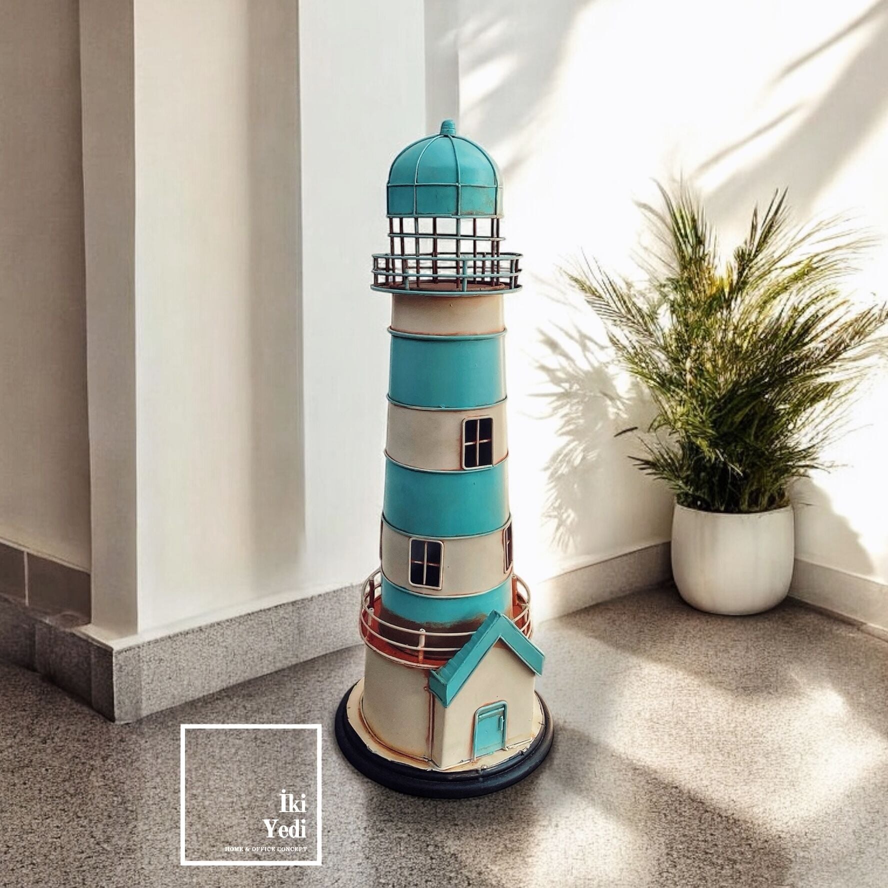 Dupin 61 cm Metal Deniz Feneri Maketi Mavi Beyaz Dekoratif Obje Büyük Boy Ev Ofis Aksesuar Hediye