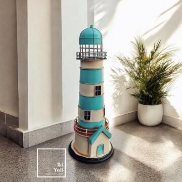 Dupin 61 cm Metal Deniz Feneri Maketi Mavi Beyaz Dekoratif Obje Büyük Boy Ev Ofis Aksesuar Hediye