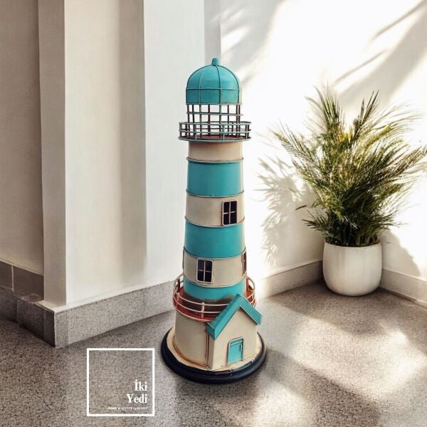 Dupin 61 cm Metal Deniz Feneri Maketi Mavi Beyaz Dekoratif Obje Büyük Boy Ev Ofis Aksesuar Hediye