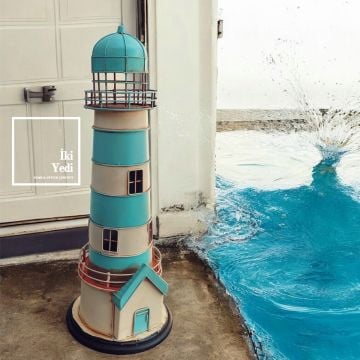 Dupin 61 cm Metal Deniz Feneri Maketi Mavi Beyaz Dekoratif Obje Büyük Boy Ev Ofis Aksesuar Hediye