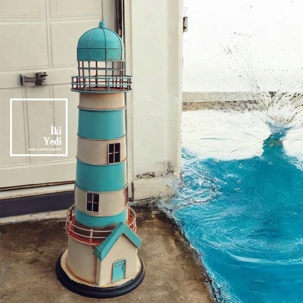 Dupin 61 cm Metal Deniz Feneri Maketi Mavi Beyaz Dekoratif Obje Büyük Boy Ev Ofis Aksesuar Hediye
