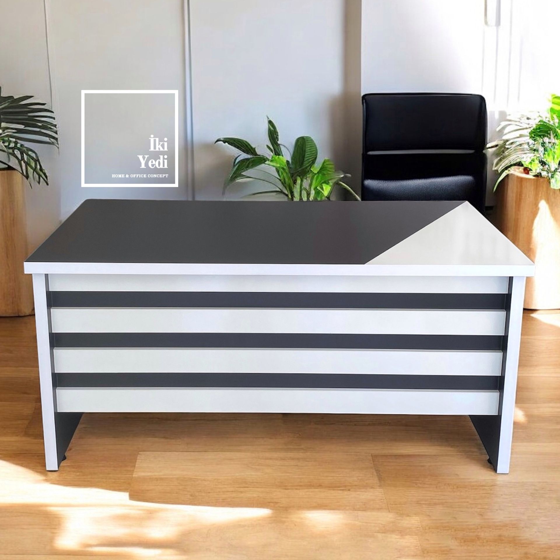 Mango 150 cm 36 mm Antrasit Gri Beyaz Kilitli Çekmeceli Ofis Çalışma Masası Büro Yönetici Masa Modelleri Büro Mobilyası Ofis Mobilyaları