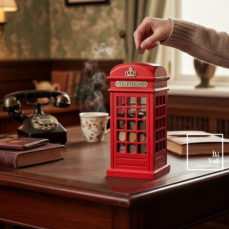 Oparsh Retro Hatıra Bankası Ahşap Kumbara Nostaljik Telefon Kulübesi Dekoratif Para Biriktirme Obje