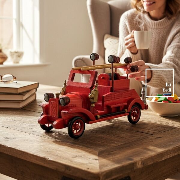 Novinko 771 Cesur Kahramanların Arabası Retro Ahşap İtfaiye Arabası Maketi Modeli Kırmızı Dekoratif