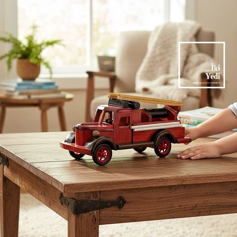 Novinko 773 Cesur Kahramanların Arabası Kırmızı İtfaiye Arabası Maketi Modeli Ahşap Dekoratif Obje
