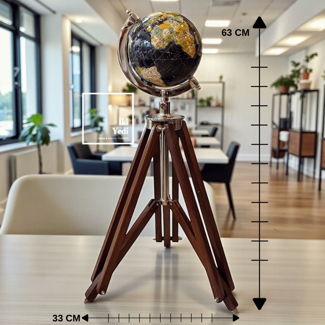 Sevilla Ahşap Ayaklı Dekoratif Siyah Dünya Küresi – 63 cm Tripod Ayaklı Küre Modeli Ofis Hediyesi