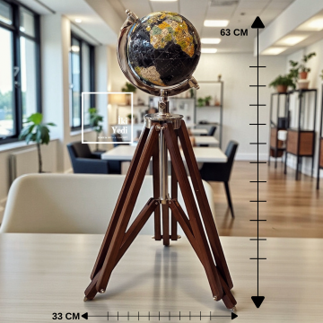 Sevilla Ahşap Ayaklı Dekoratif Siyah Dünya Küresi – 63 cm Tripod Ayaklı Küre Modeli Ofis Hediyesi