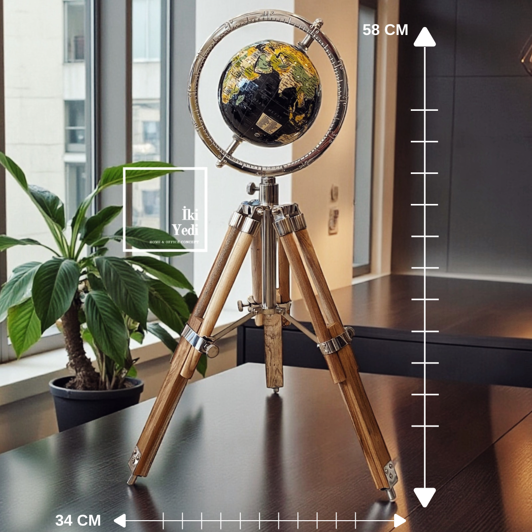 Rostova Tripod Ayaklı Dekoratif Dünya Küresi – 58 cm Siyah Küre Ahşap Ayaklı Aksesuar Ofis Hediyesi