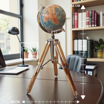Bruyne Tripod Ayaklı Mavi Vintage Dünya Küresi 34×58 cm Dekoratif Ofis Masa Üstü Ofis Hediyesi Şık