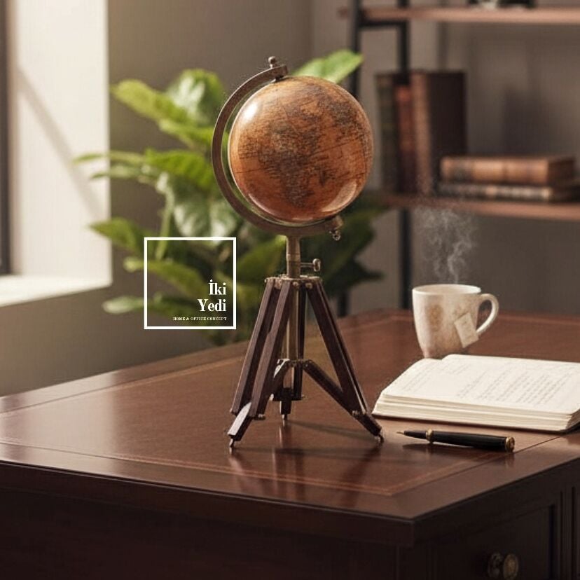 Diouf Tripod Küre 44 cm Dekoratif Dünya Küresi Ahşap Ayaklı Masaüstü Küre Vintage Ofis Dekor Hediye