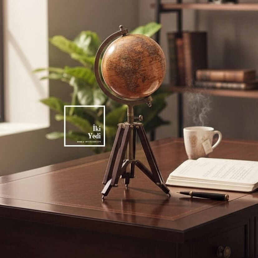 Diouf Tripod Küre 44 cm Dekoratif Dünya Küresi Ahşap Ayaklı Masaüstü Küre Vintage Ofis Dekor Hediye