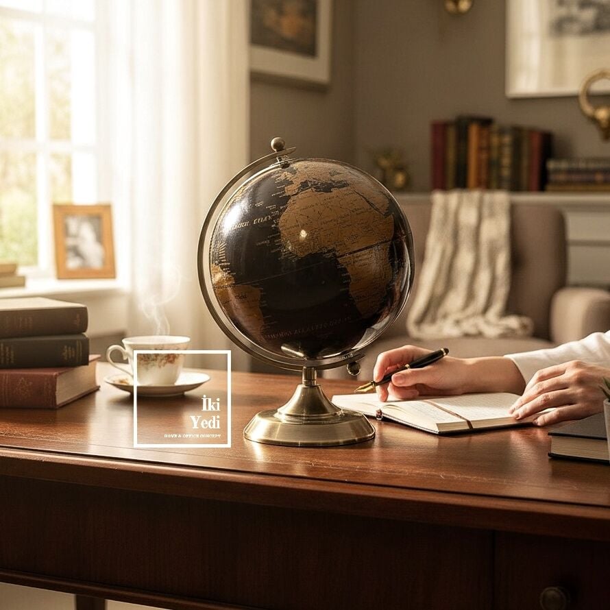 Macomb Siyah Küreli Bronz Renk Metal Masaüstü Dünya Küresi – 29 cm Dekoratif Ofis Masa Aksesuarı