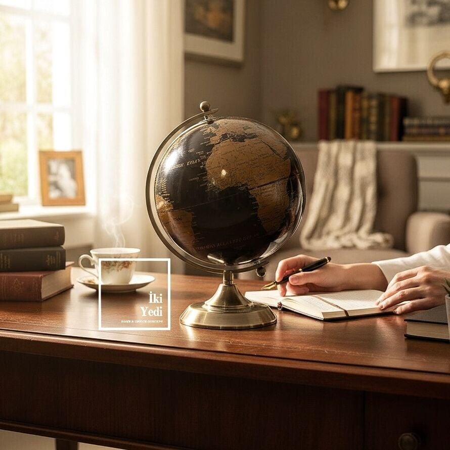 Macomb Siyah Küreli Bronz Renk Metal Masaüstü Dünya Küresi – 29 cm Dekoratif Ofis Masa Aksesuarı