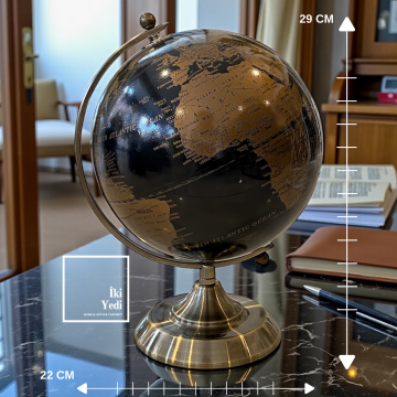 Macomb Siyah Küreli Bronz Renk Metal Masaüstü Dünya Küresi – 29 cm Dekoratif Ofis Masa Aksesuarı
