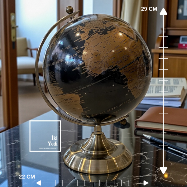 Macomb Siyah Küreli Bronz Renk Metal Masaüstü Dünya Küresi – 29 cm Dekoratif Ofis Masa Aksesuarı