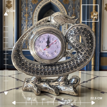 Lale Figürlü Esmaül Hüsna Desenli Metal Gri Masa Saati Dekoratif İslami Saat Şık Masa Üstü Aksesuar