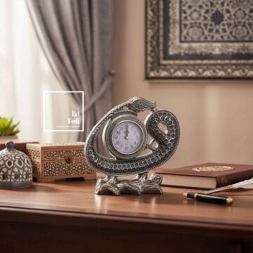 Lale Figürlü Esmaül Hüsna Desenli Metal Gri Masa Saati Dekoratif İslami Saat Şık Masa Üstü Aksesuar
