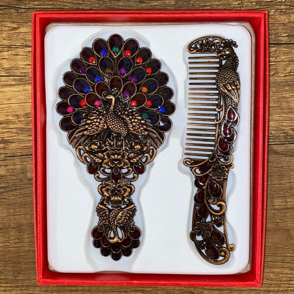 Timpani 773 Tavuskuşu Ayna Tarak Seti El Aynası Metal İşlemeli Hediyelik Çanta Tipi Fonksiyonel