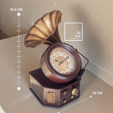 Magnus Retro Gramofon Tasarımlı Metal Masa Saati Dekoratif Lüks Hediyelik Saat Vintage Ofis Ev Obje